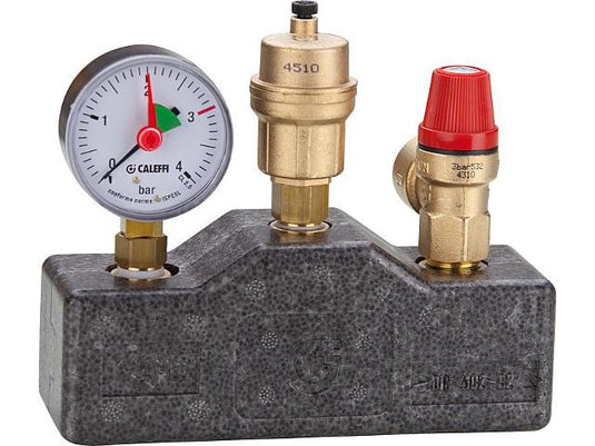 Caleffi Kesselsicherheitsgruppe 1" bis 50 kW Messing mit Isolierung Sicherheitsventil 3bar